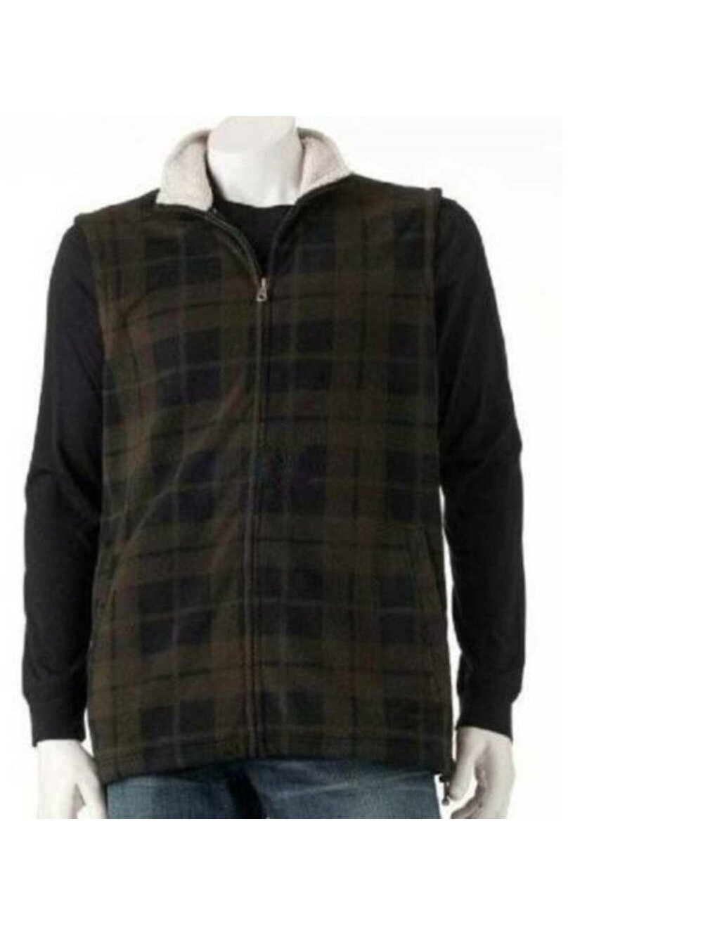 Croft & Barrow Winter Vest Mens L Brown Plaid Fleece Winter Sherpa Lined Zip Up